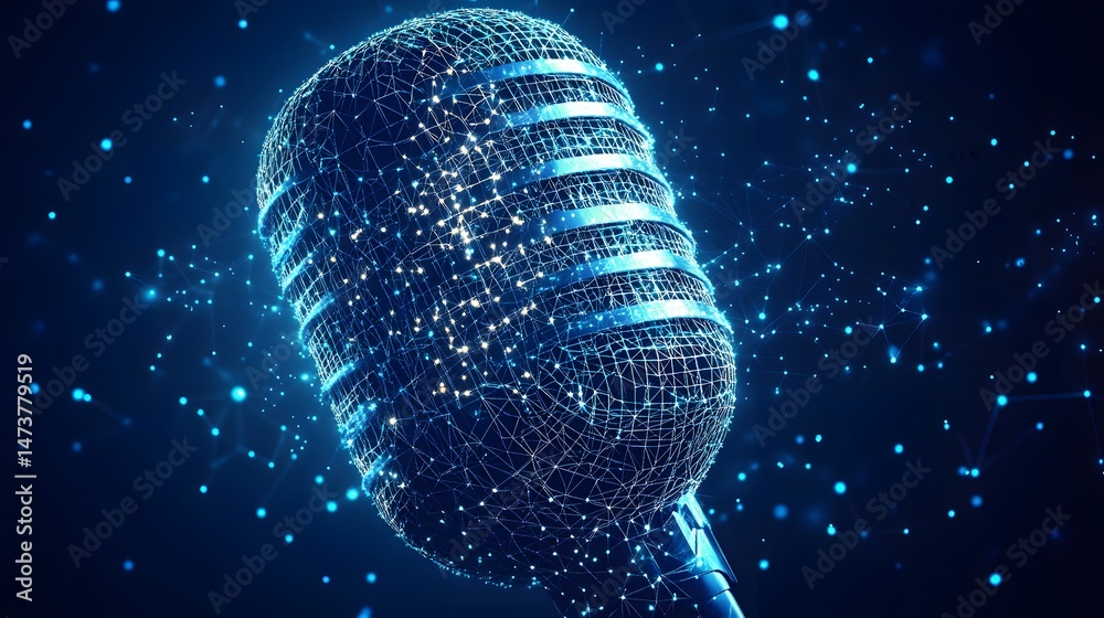 Poster retro microphone rendered in digital wireframe. nodules emit light in the dark. communication concep