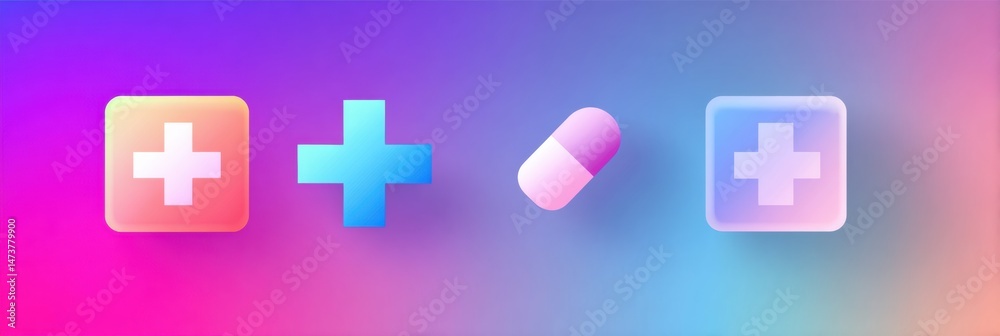 Poster abstract representation of plus signs and medical symbols with a vibrant gradient background in a mo