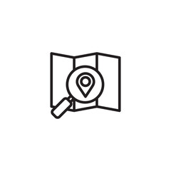 A magnifying glass is positioned over a folded map, focusing on a location pin icon. This suggests searching for a specific place on a map.