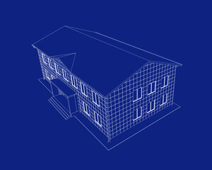 Perspective view of the office building. 3d vector illustration isolated on blueprint.