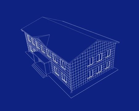 Perspective view of the office building. 3d vector illustration isolated on blueprint.