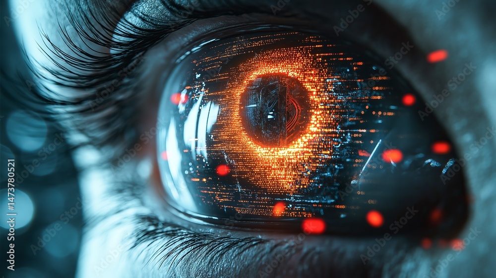 Poster a vibrant close-up view of an eye showcasing glowing digital patterns and futuristic designs.