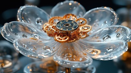 Fototapeta premium Intricate clockwork gears, crafted from polished brass and gleaming silver, interlock and spin within a transparent, dew-kissed flower blossom