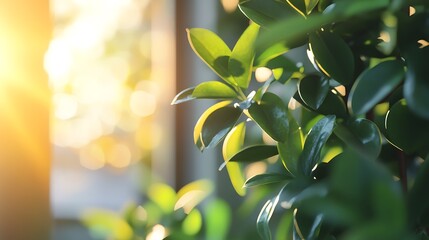 Sunlit Greenery: Lush leaves bathed in golden light, a serene nature scene.