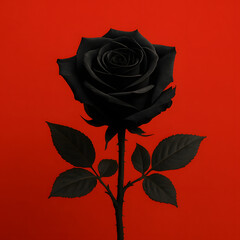 Mysterious Black Rose: A singular, captivating black rose blooms against a stark red backdrop, evoking a sense of enigmatic beauty and contrasting the colors.