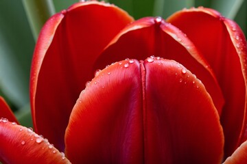 Bold red tulips with dew drops and rich velvety petals, capturing the essence of springtime vibrancy and romantic symbolism