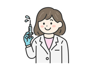 注射をする、女性医師（線画カラー）のイラスト
