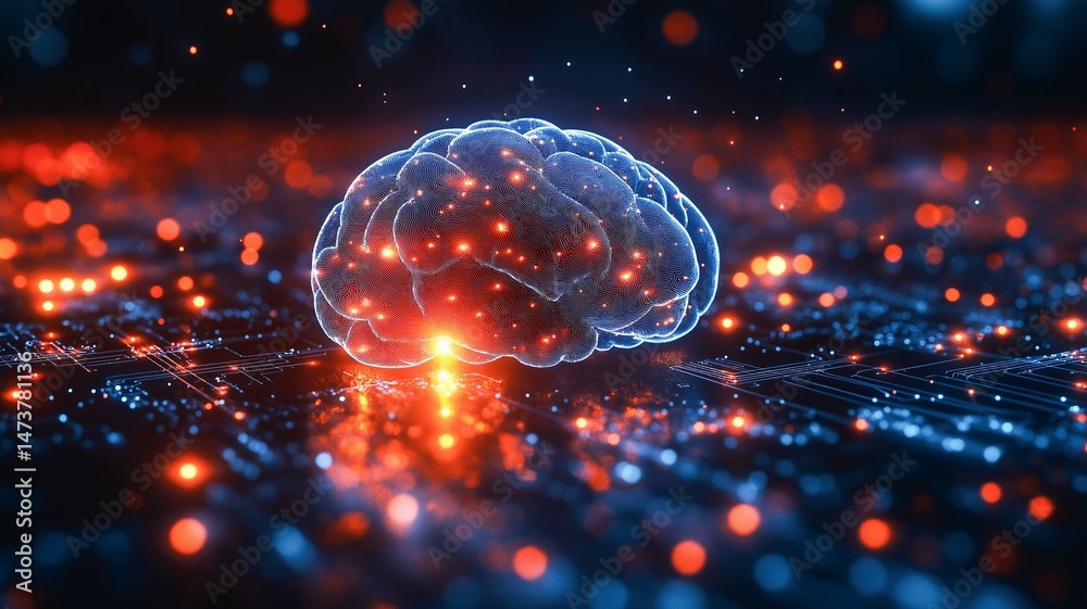 Aufkleber a glowing brain rests over circuits and lights, symbolizing intelligence and technology.