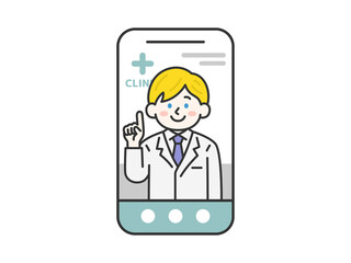 スマートフォンでオンライン診療する、白人の男性医師（線画カラー）のイラスト