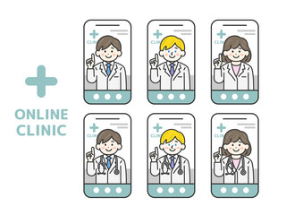 スマートフォンでオンライン診療する、医師（線画カラー）のイラストセット