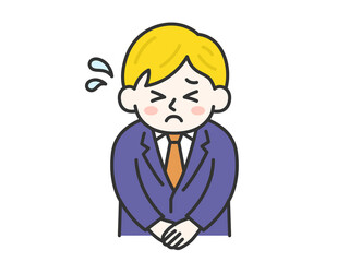 頭を下げて謝罪する、白人のビジネスマン（線画カラー）のイラスト