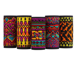 A set of vibrant wristbands featuring logos and patterns for summer music festivals.