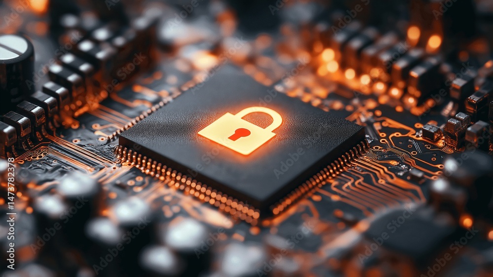 Poster close-up of microchip featuring a glowing lock symbol, highlighting cybersecurity technology.