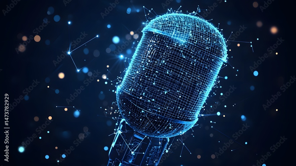 Poster Futuristic microphone design with glowing blue lines against a dark backdrop, representing modern technology. Ideal for digital content creation and audio engineering, Abstract wireframe in dark blue.