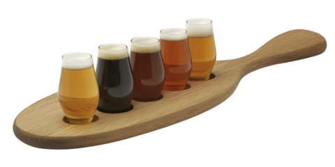 A brewery paddle with small glasses of craft beer in various colors and styles.