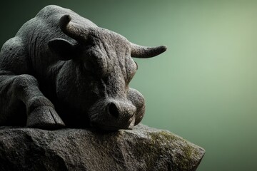 Naklejka premium Stone bull statue resting atop a weathered rock.
