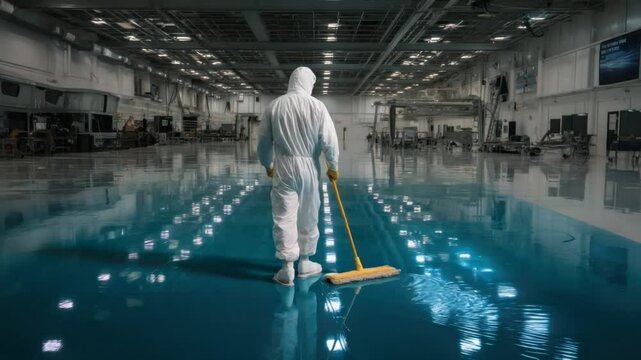 Clean Sweep: An individual in a hazmat suit meticulously mops a vast, modern industrial space, emphasizing safety and cleanliness.