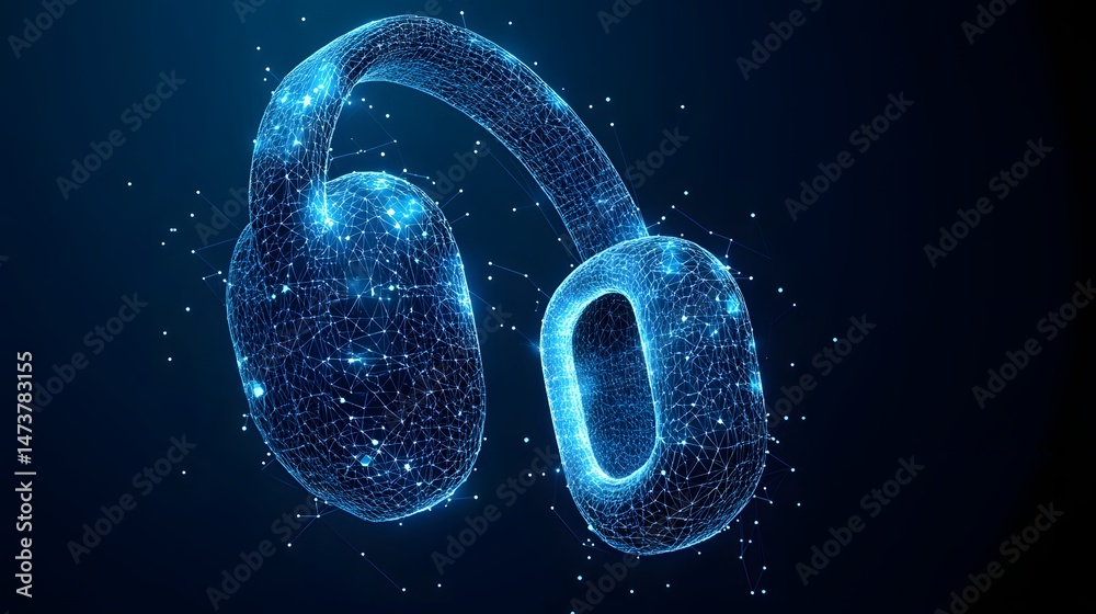 Poster futuristic glowing headphones rendered as a blue wireframe network. a modern digital representation 