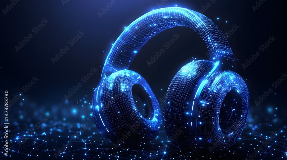 Fototapete futuristic headphones glow with digital luminescence. a blue wireframe design creates a high-tech ae