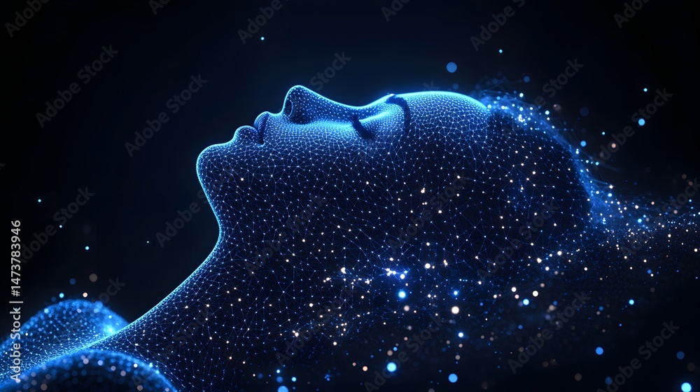 Aufkleber Futuristic depiction of a calming human head formed by a blue network of lines and points against a dark backdrop. The upward tilt and dispersed particles add depth. Abstract wireframe in dark blue.