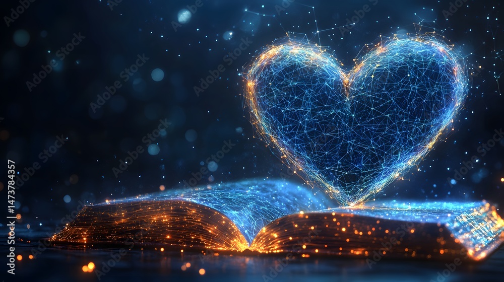 Fototapete A glowing heart of digital connections floats above an open book. Networked blue lines and orange dots create a futuristic, ethereal scene. Abstract wireframe in dark blue.