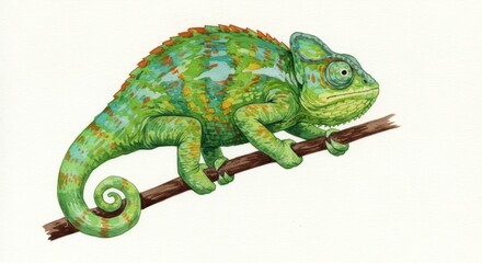 Curious chameleon gripping branch detailed painting