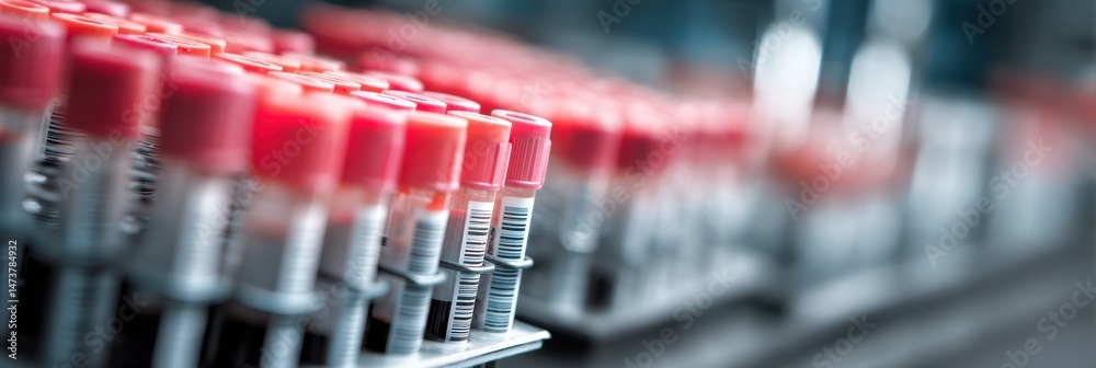 Poster blood sample tubes in laboratory rack ready for analysis in clinical setting with blurred background