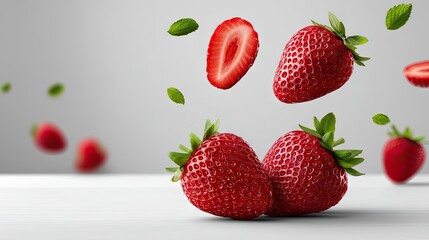 Whole and sliced strawberries in the air on a plain white Background