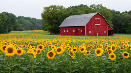 A vibrant field of sunflowers stretches toward a classic red barn led amongst lush green trees under a soft, overcast sky in the peaceful countryside landscape.