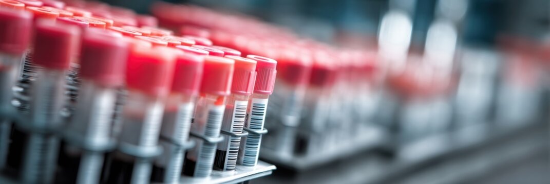 Blood Sample Tubes in Laboratory Rack Ready for Analysis in Clinical Setting With Blurred Background