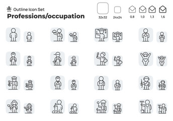 Professions and Job Titles such as office worker, janitor, builder, teacher, firefighter. Concept editable stroke outline icons set isolated on white background