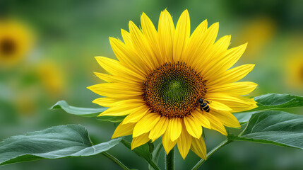 Obraz premium A bright yellow sunflower with a bee collecting pollen stands in a field of sunflowers on a beautiful summer day showing nature's beauty and bounty.