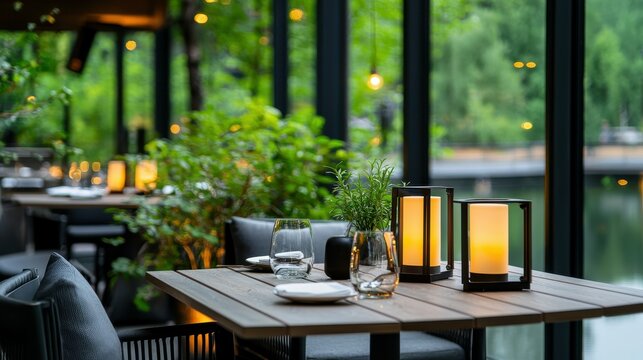 Elegant outdoor dining setup with tranquil greenery and soft lantern lighting.