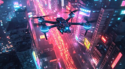 Futuristic drone over a vibrant, neon-lit city at night