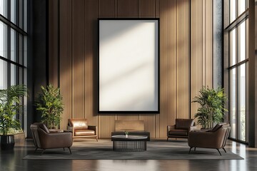 Modern office lobby with large blank canvas