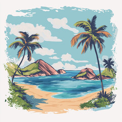Naklejka premium Beautiful tropical landscape with hand drawn paradise islands with mountains and palm trees on beaches with ocean and clouds in sky. Ready tropical print design.