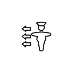 A stylized figure wearing a cap is positioned to the right of three horizontal arrows pointing to the left, suggesting movement, direction, or influence from right to left.