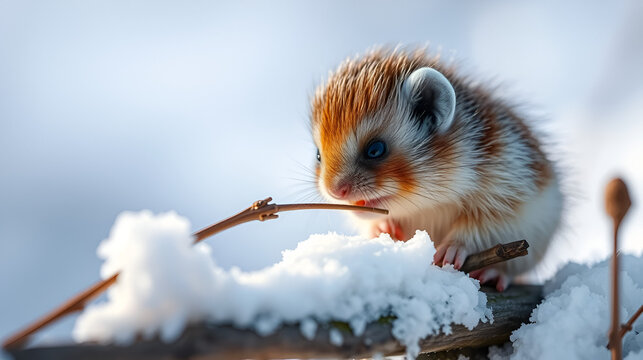 Close-up of a cute lemming nibbling on a twig in the snowy wilderness