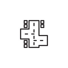 An intersection icon shows two perpendicular roads with dashed center lines. Stylized buildings or blocks are located at each of the four corners of the intersection.