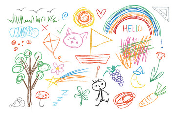 Crayon fun cute kid colorful line art doodle set badge, scribble line flower, background. Hand drawn doodle sketch childish element set. Flower, rainbow, cloud, children draw style design elements