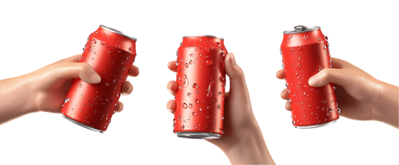 Set of Hands Holding Red Cans Isolated on Transparent Background