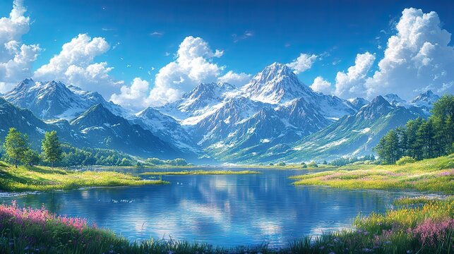 Jagged amethyst mountains pierce the cerulean expanse, where silver clouds drift like forgotten dreams Bronze sunlight warms the ochre valleys below