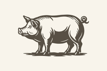 Pig side view standing farm animal ink drawing, vintage icon, logo