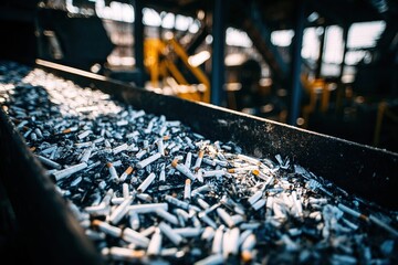 Obraz premium Conveyor belt disassembling cigarette butts: Industrial light casting geometric shadows, mechanical texture background.