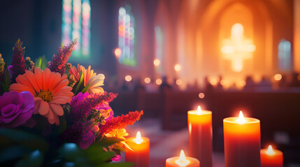 A candlelit table with two candles and a bouquet of flowers