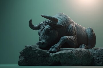 Gray sculpture of a resting bull on a rock formation.