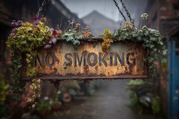 Rust warning sign: NO SMOKING, covered in ivy, storm light highlighting corrosion.