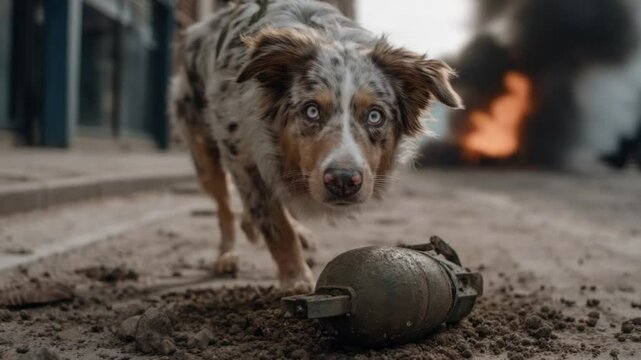 Courage in Crisis: A courageous canine, with striking eyes, navigates a dangerous situation, approaching an explosive device in a high-stakes scene, demonstrating bravery and heroism.