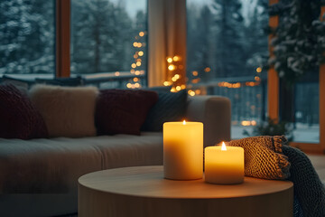 Burning candles creating cozy atmosphere in modern living room during winter