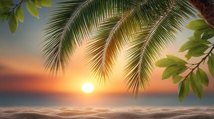 Fototapeta premium A palm tree is shown with the sun setting behind it